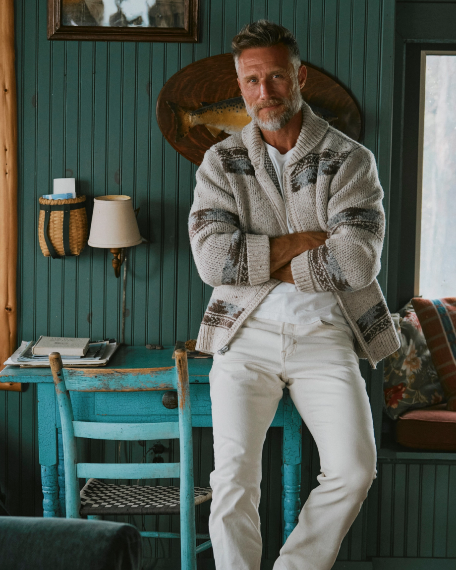 View of Men's Bison Zip Sweater - Oatmeal/Multi