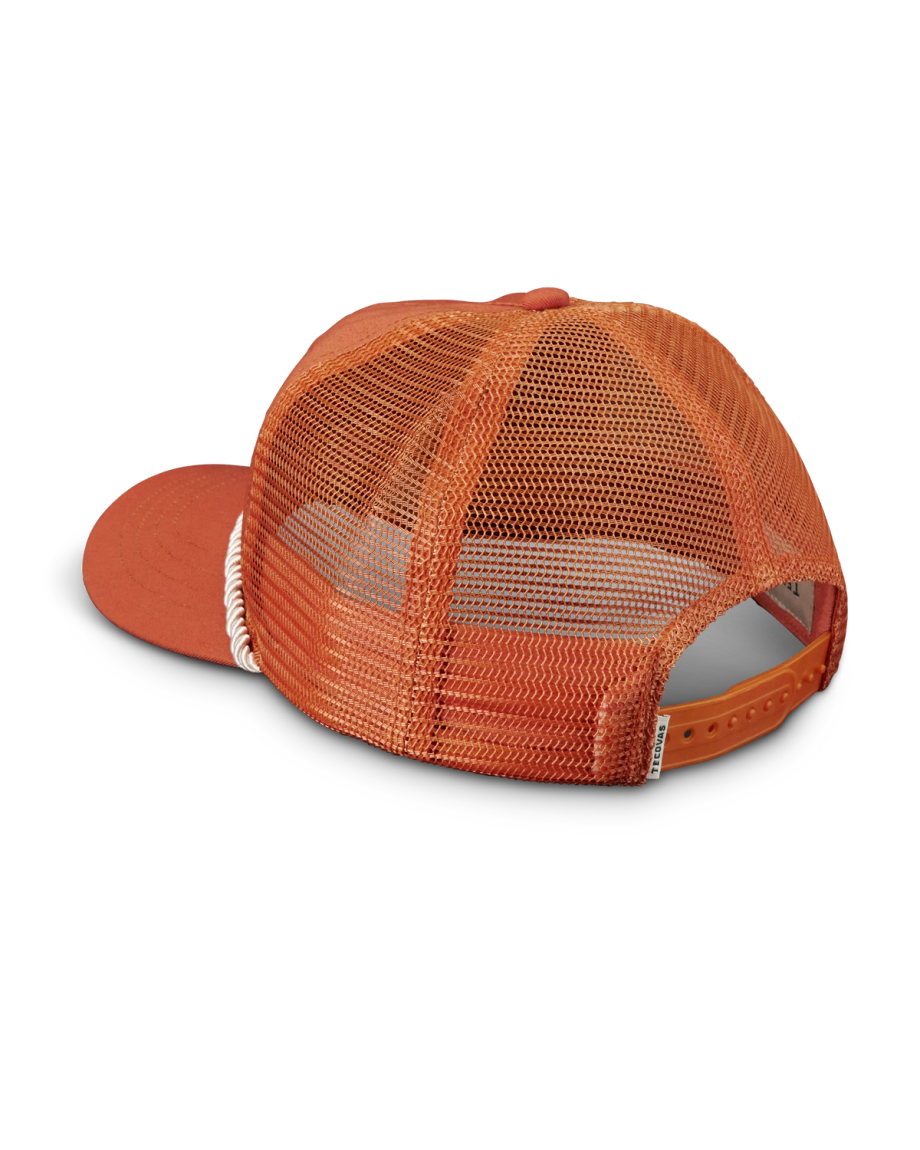 Quarterfront view of Tecovas Gameday Trucker - Burnt Orange on plain background