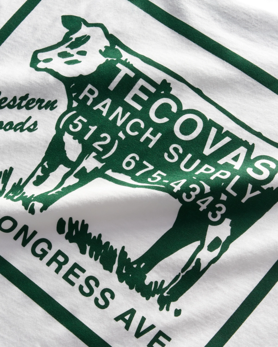 Closeup view of Men's Tecovas Ranch Supply Ringer Tee - Bone/Green