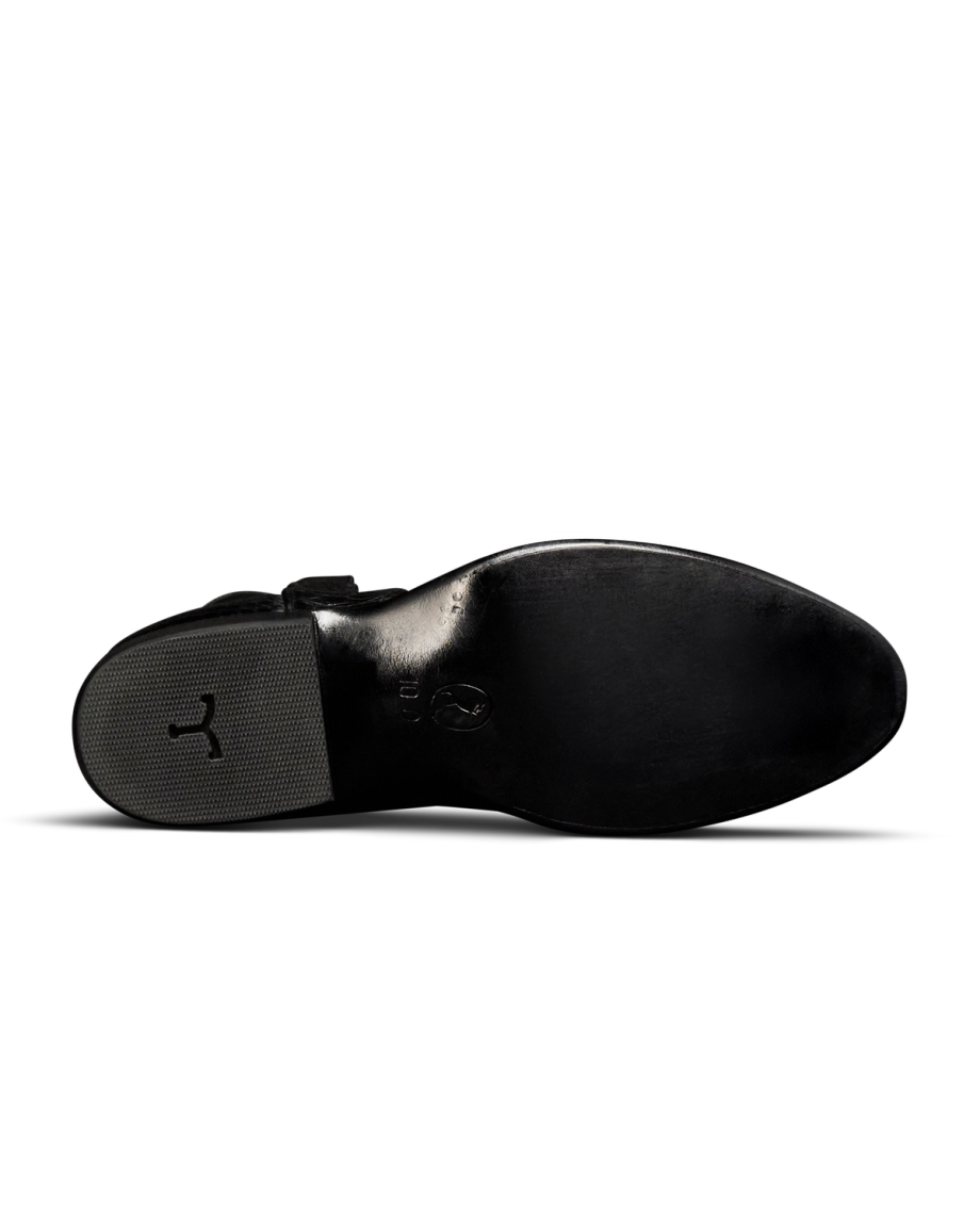 Sole view of The Stallion x Tecovas Boot - Midnight Giant Gator on plain background