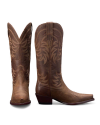 A pair of brown leather cowboy boots with intricate stitching designs, shown in side and back view against a black background.