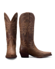 A pair of brown leather cowboy boots with intricate stitching designs, shown in side and back view against a black background.