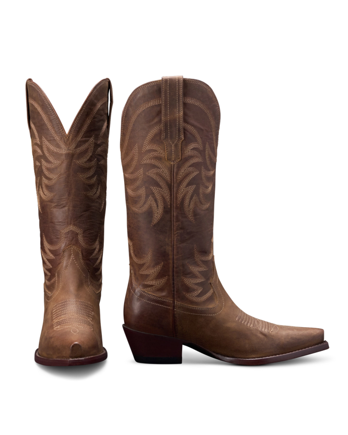 A pair of brown leather cowboy boots with intricate stitching designs, shown in side and back view against a black background.