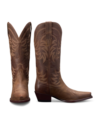 A pair of brown leather cowboy boots with intricate stitching designs, shown in side and back view against a black background.