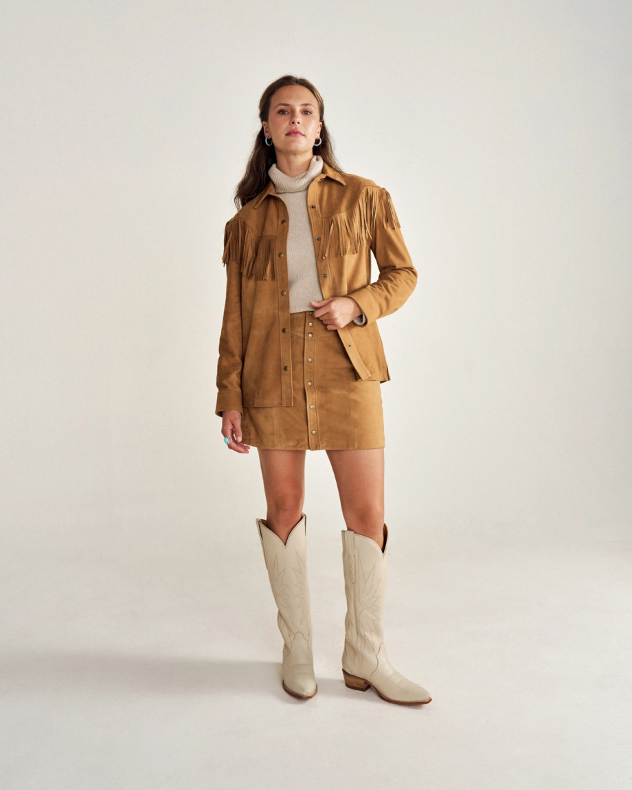 Full view of The Loretta - Cream on model