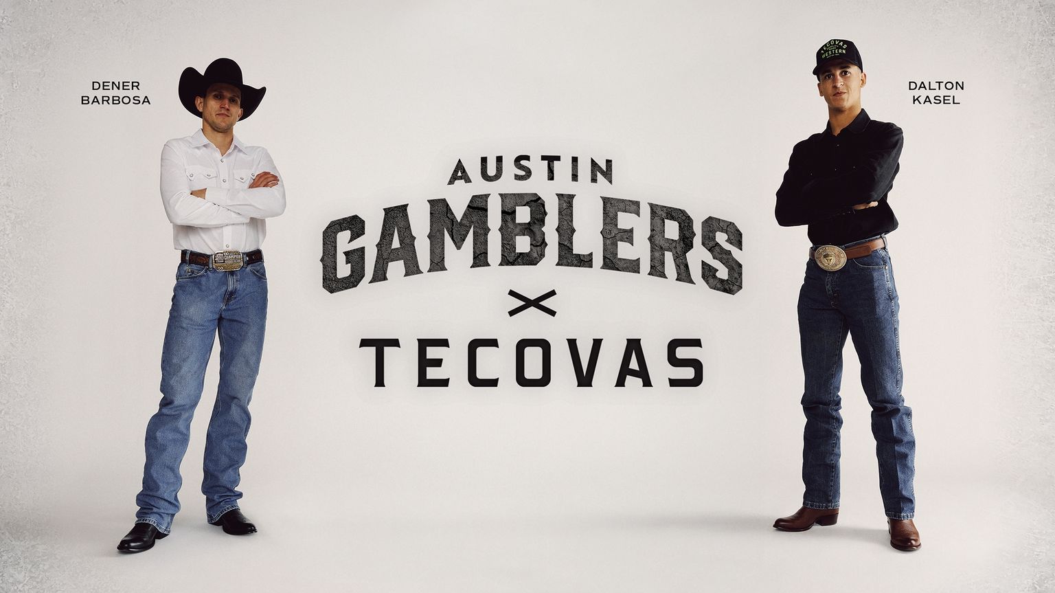 Two men in western attire stand on either side of the text "Austin Gamblers x Tecovas." Labels identify them as Dener Barbosa (left) and Dalton Kasel (right).