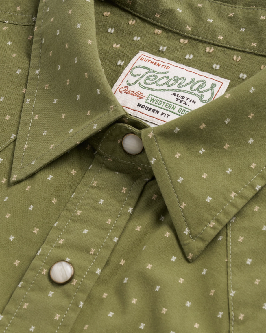 Closeup detail view of Men's Star Stitch Pearl Snap - Sage