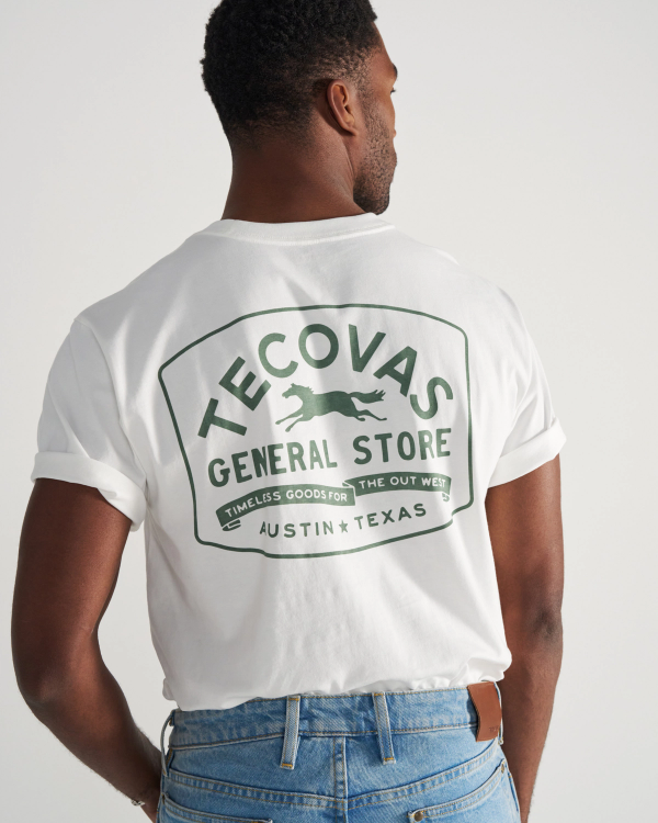 Back view of Men's General Store T-Shirt - Bone/Green on model