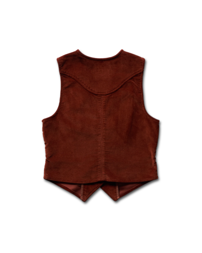 Up close view of the back of the Women's Corduroy Vest in the color Mahogany on a white background.