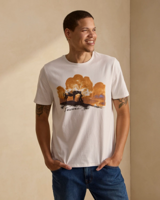 Front view of Cowboy Watercolor Tee - Bone/Rust on model