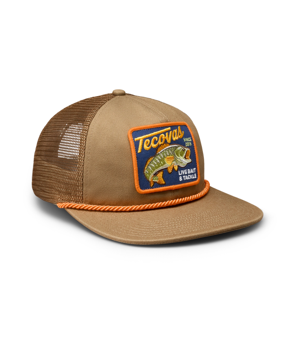 Quarterfront view of Live Bait and Tackle Flat Brim Trucker - Moss Brown on plain background