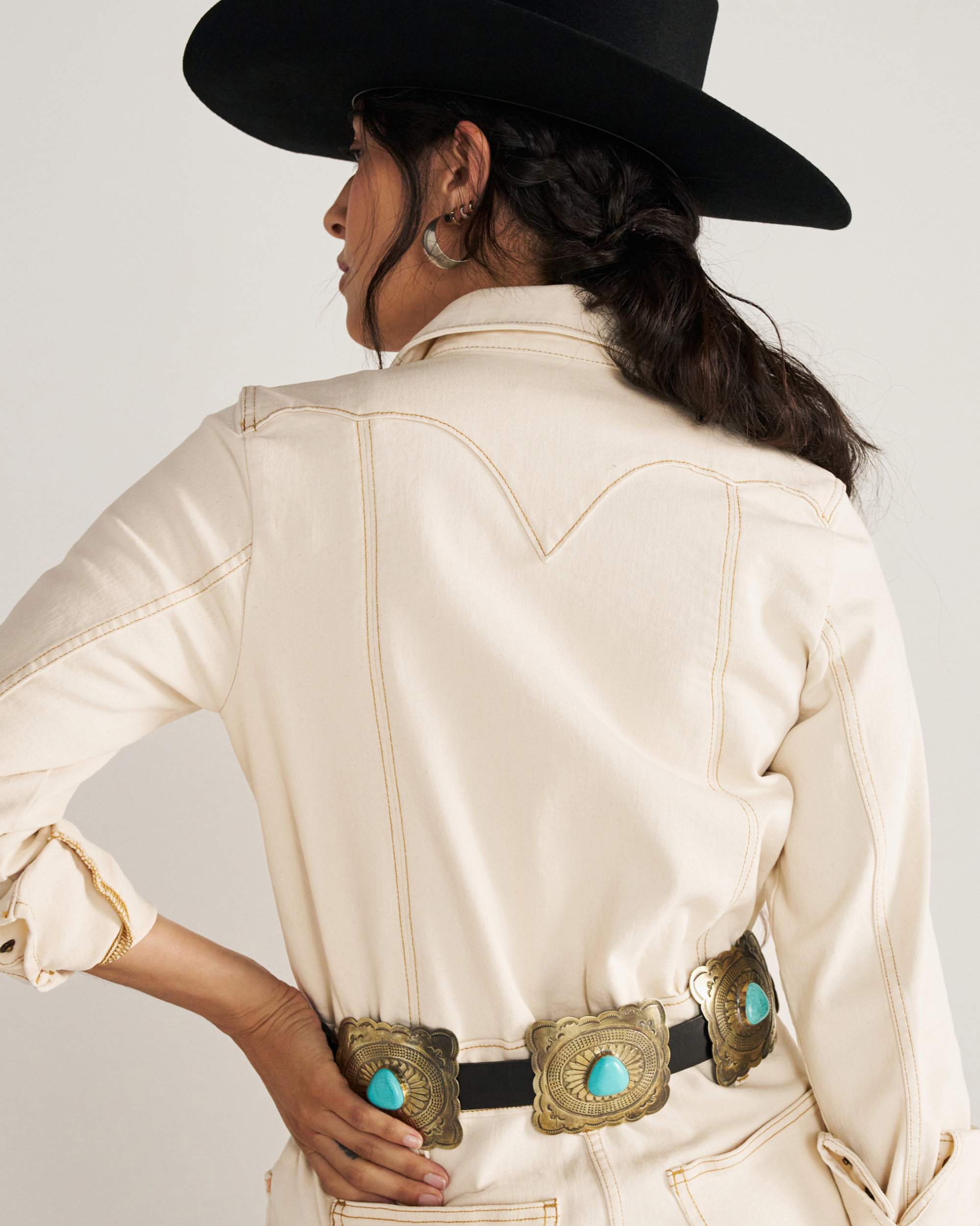 Closeup detail view of Women's L/S Natural Denim Midi Dress - Natural