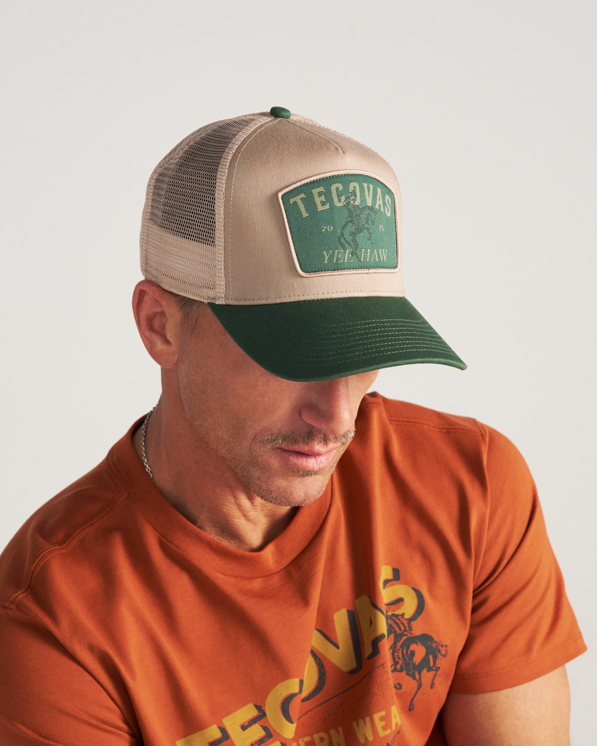 View of Yee Haw 5 Panel High Pro Trucker - Green / Khaki