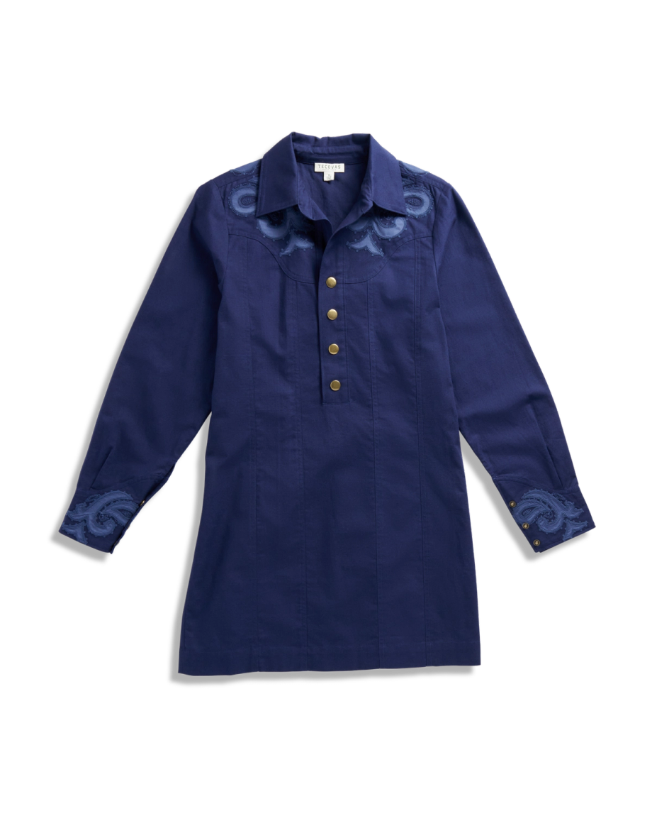 Front view of Women's L/S Applique Mini Dress - Twilight on plain background