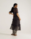 Back view of Women's Elbow-Length Maxi Dress - Burgundy / Black on model