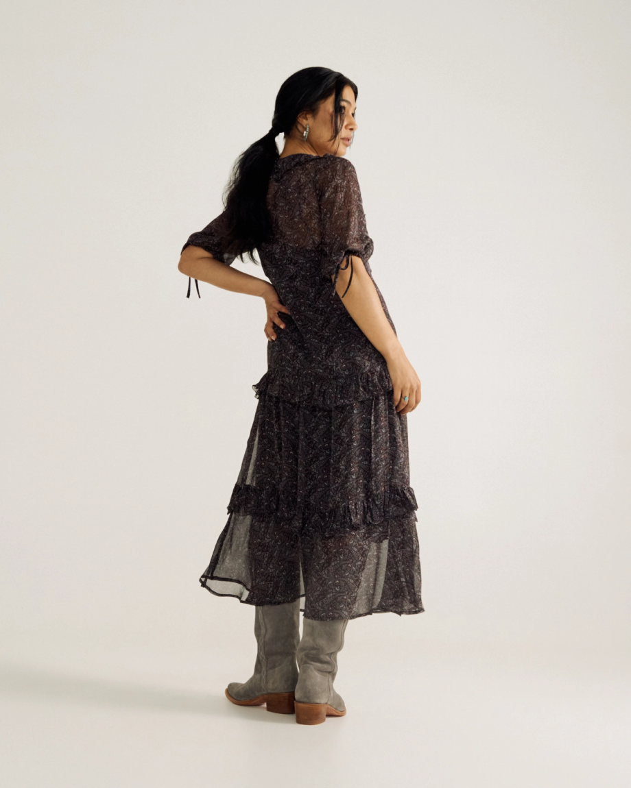 Back view of Women's Elbow-Length Maxi Dress - Burgundy / Black on model