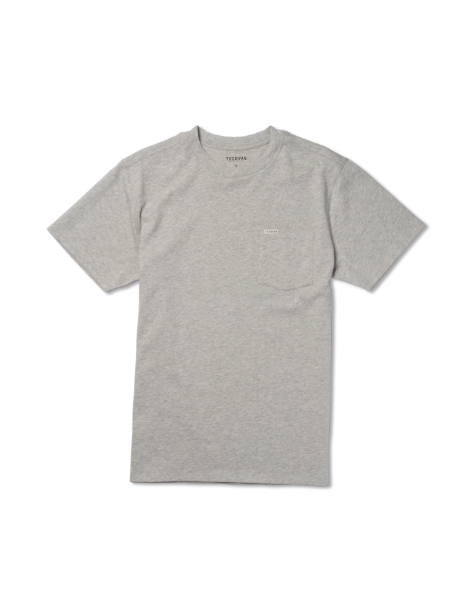 Flatlay image of the men's standard issue pocket tee in heather grey on a white background