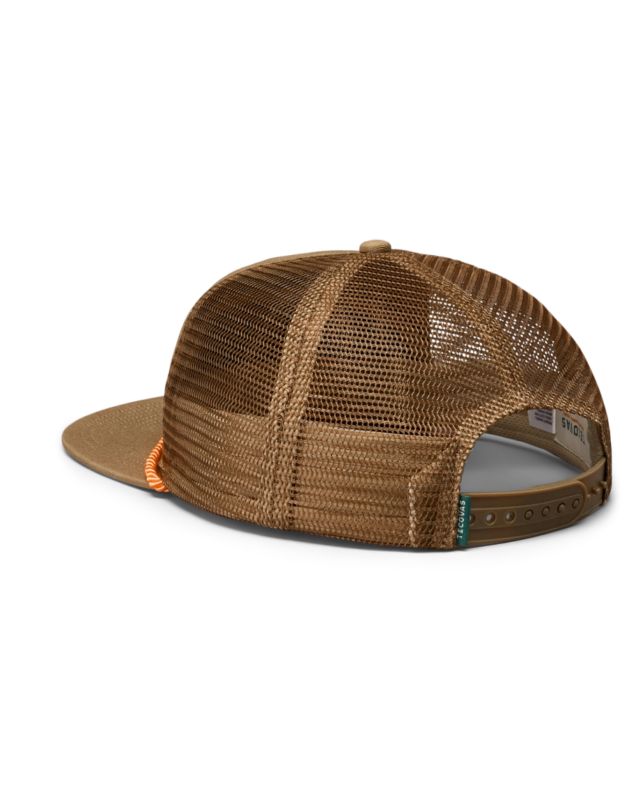 Quarterback view of Live Bait and Tackle Flat Brim Trucker - Moss Brown on plain background