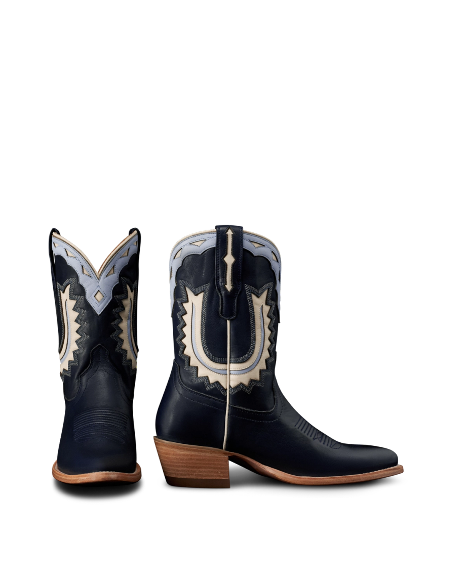 Pair view of The Jolene - Atlantic Blue/Chambray Cowhide on plain background