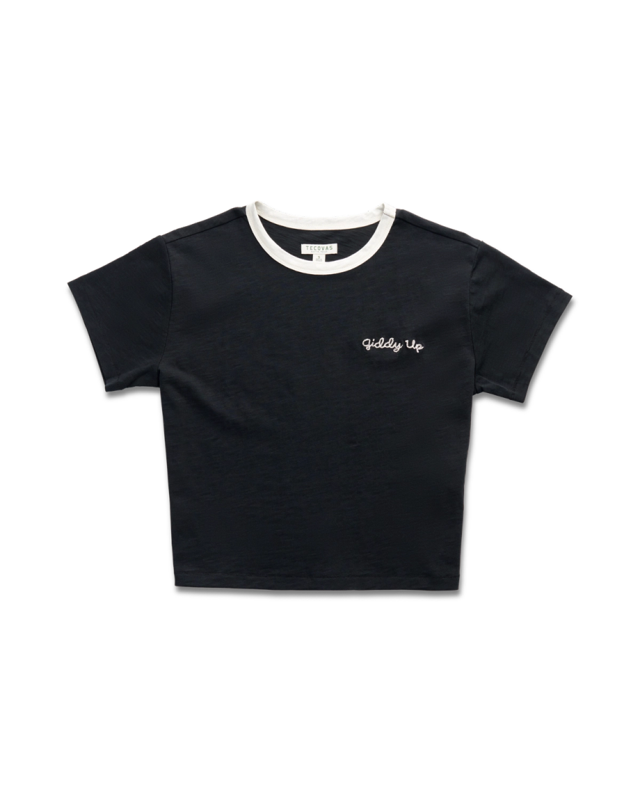 Front view of Women's Vintage Ringer Tee - Black / Bone on plain background