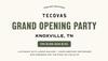 Flyer announcing Tecovas Grand Opening Party in Knoxville, TN from Fri 8/29 to Sun 8/31, with live music, complimentary beverages, and freebies for the first 50 guests.