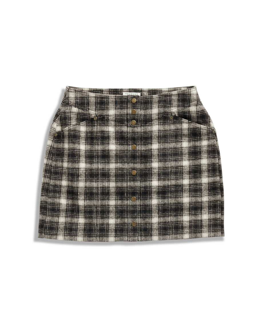 Front view of Women's Plaid Mini Skirt - Black / White on plain background