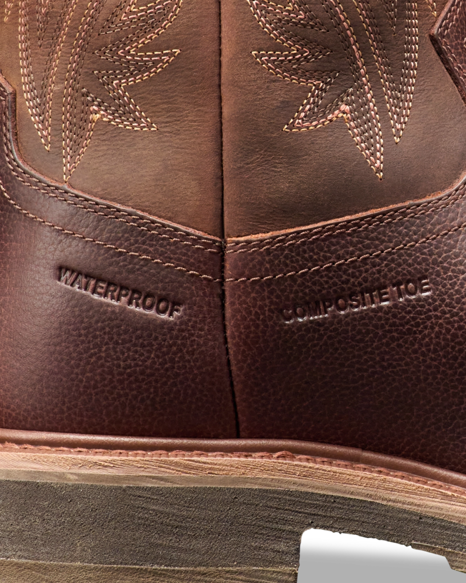 Toe view of The LH WP Round Comp Toe Work Boot - Tobacco Cowhide on plain background