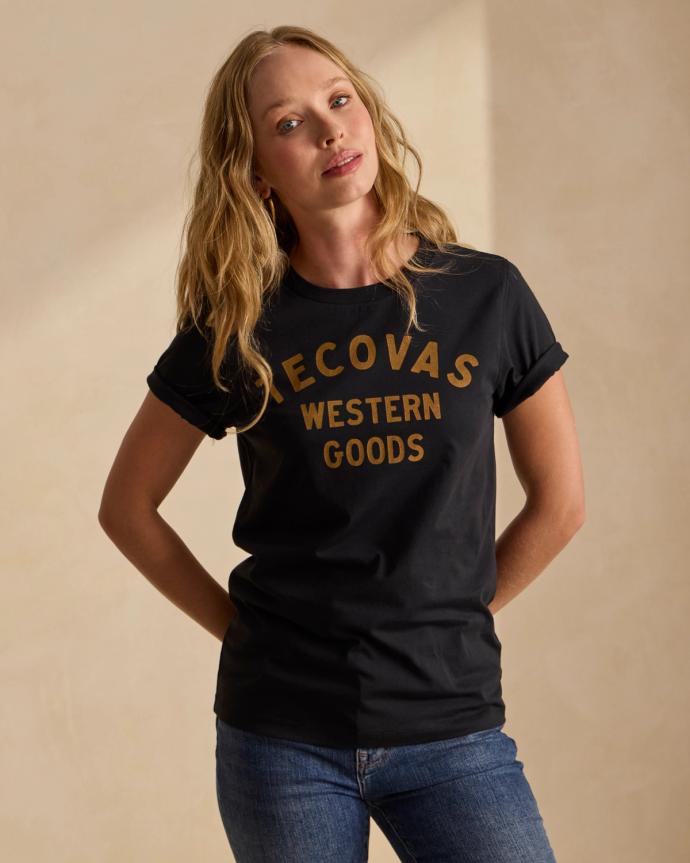 Woman Wearing the Tecovas Western Goods T Shirt. 