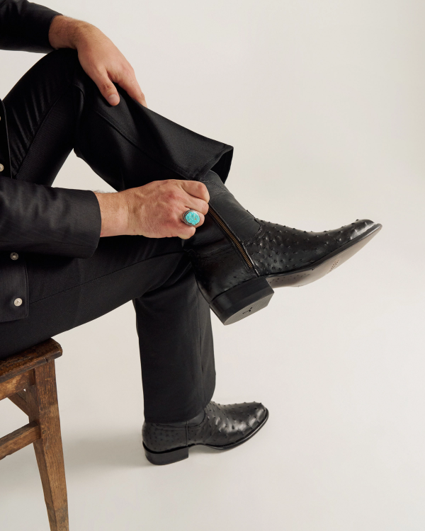 close up of Dean Midnight Black Zip Cowboy Boot on a man's feet