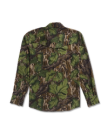 Long-sleeve button-up shirt with a green and brown camouflage pattern resembling leaves and branches, displayed flat with the back facing up.