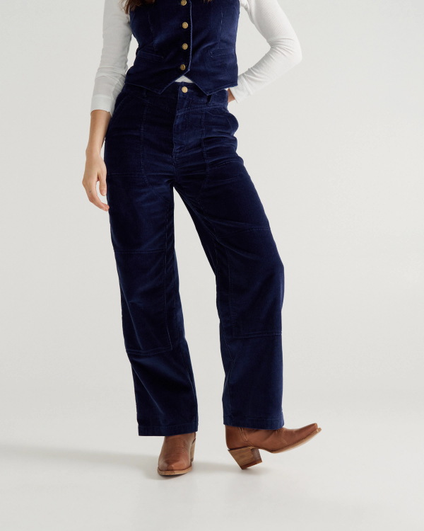 Front view of Women's Corduroy Carpenter Pant - Navy on model