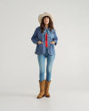 Full view of Women's Denim Chore Jacket - Medium Wash on model