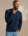 Front view of Men's Henley Sweater - Navy Heather on model