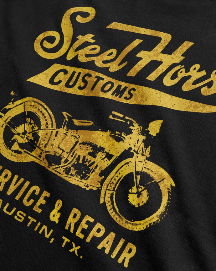 Closeup detail view of Men's Steel Horse Tee - Black / Gold