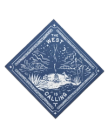 A blue and white bandana with an illustration of a desert campfire scene, surrounded by stars and cacti, and the words "The West is Calling" in bold letters.