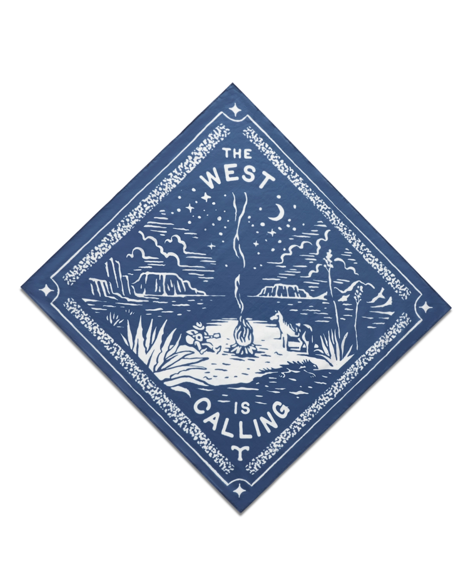 A blue and white bandana with an illustration of a desert campfire scene, surrounded by stars and cacti, and the words "The West is Calling" in bold letters.