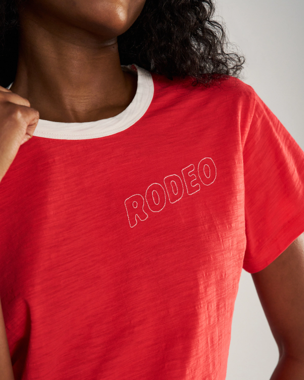 View of Women's Vintage Ringer Tee - Poinsettia/Bone