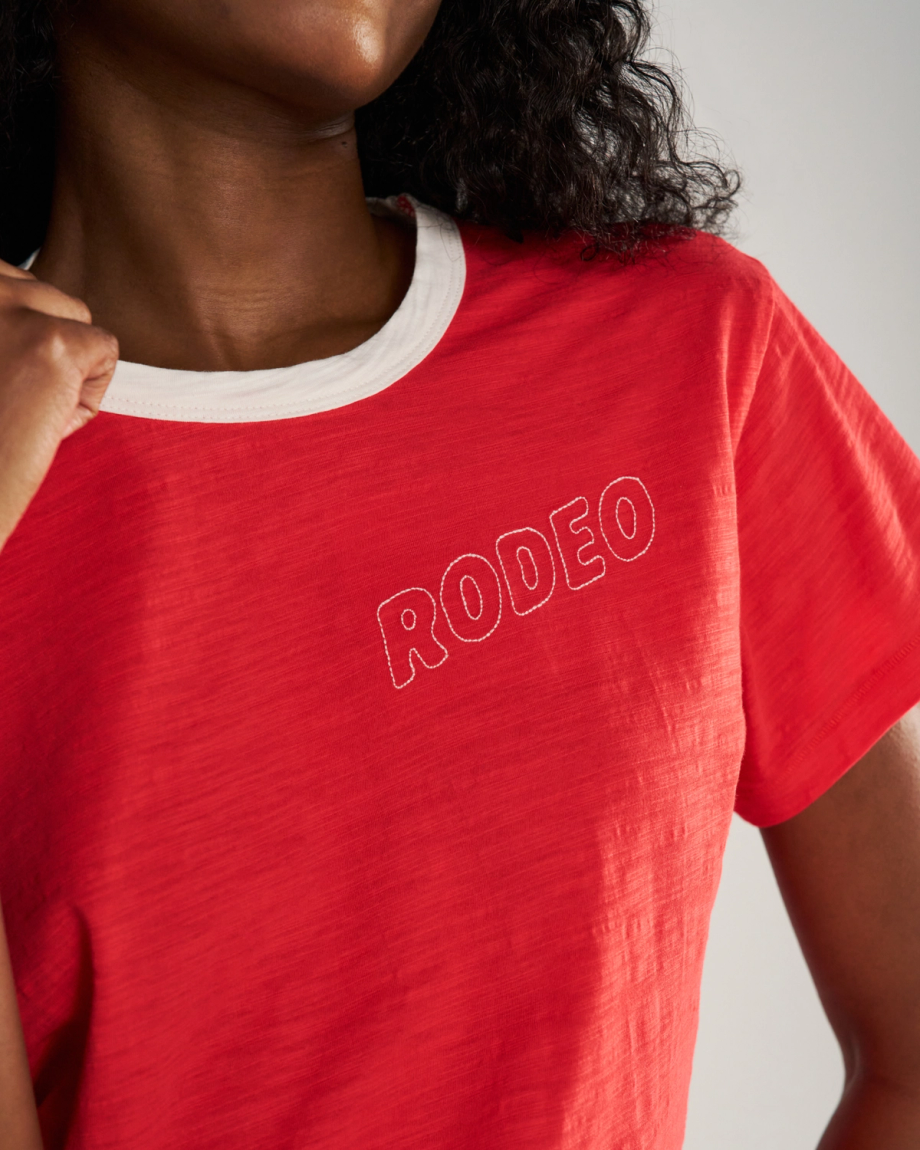 View of Women's Vintage Ringer Tee - Poinsettia/Bone
