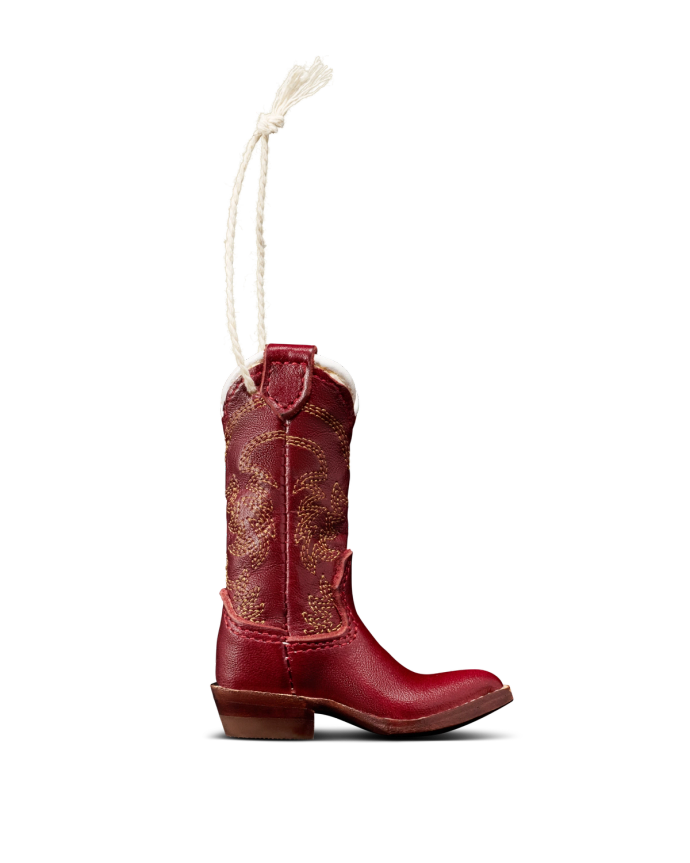 A red cowboy boot ornament with decorative stitching and a white hanging loop against a plain white background.
