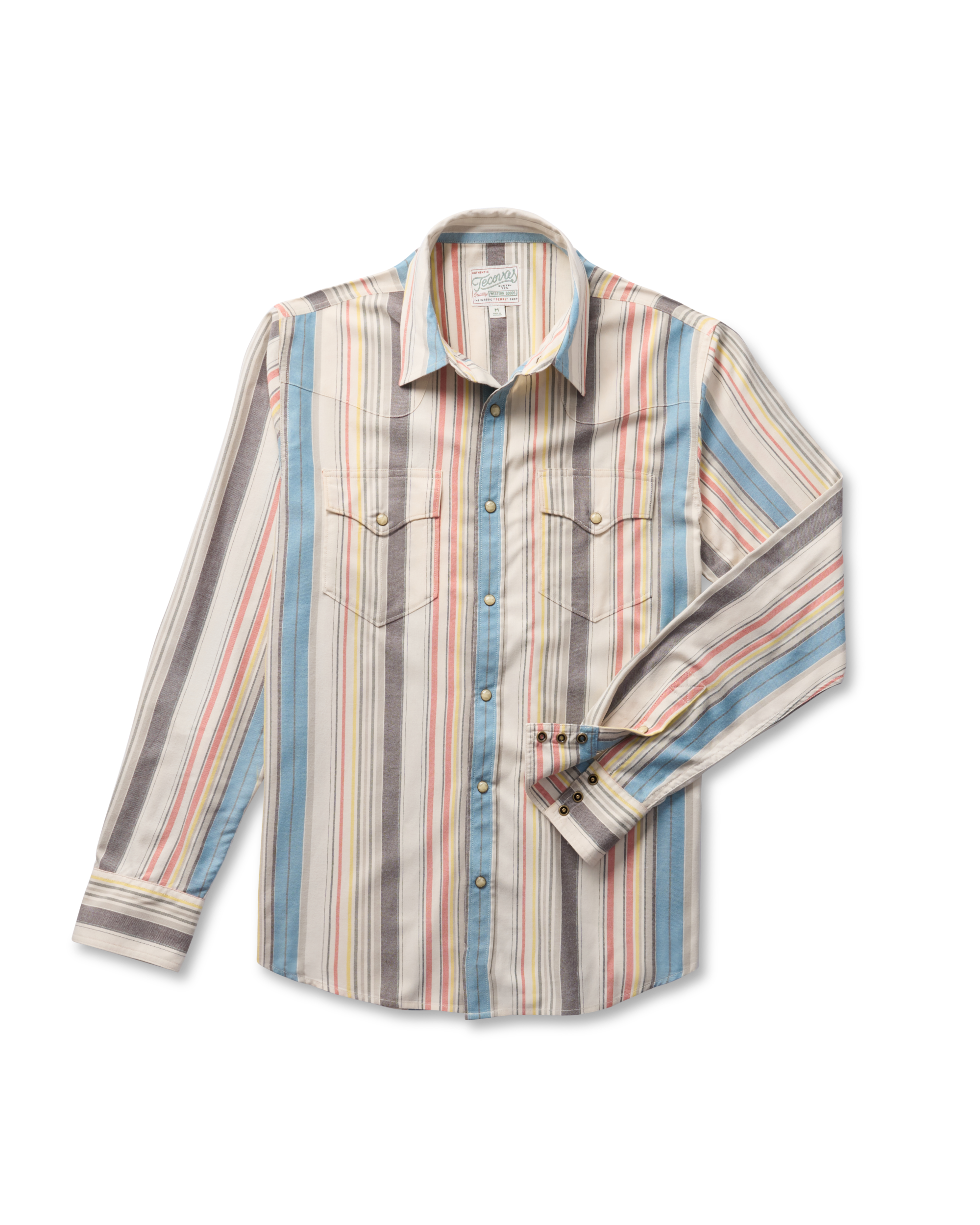 Closeup detail view of Men's Flying-T Foundation Weight Pearl Snap - Tan Multi Wide Stripe