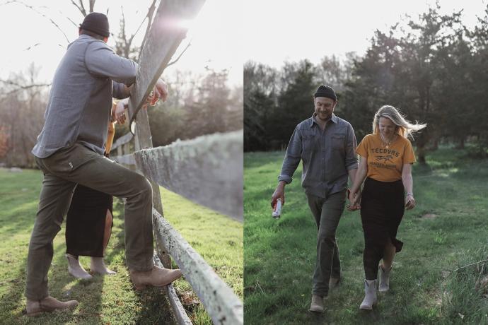 man on a fence, couple walking