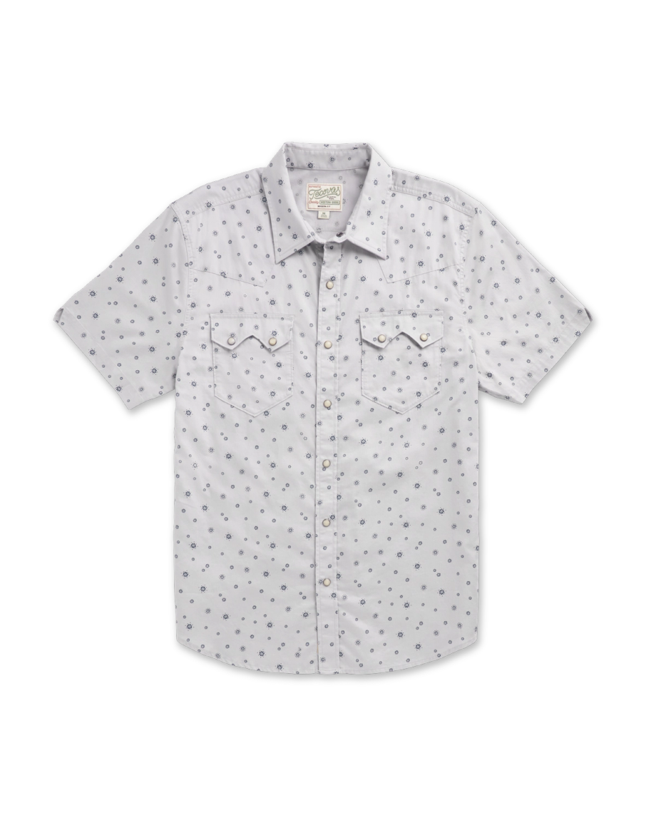 Closeup detail view of Men's Vintage Weight Short Sleeve Pearl Snap - Light Gray/Atlantic