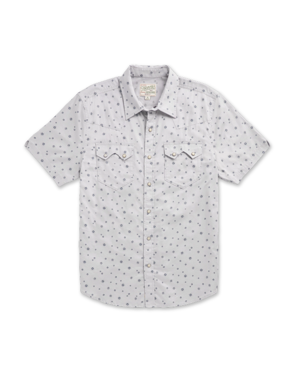 Closeup detail view of Men's Vintage Weight Short Sleeve Pearl Snap - Light Gray/Atlantic