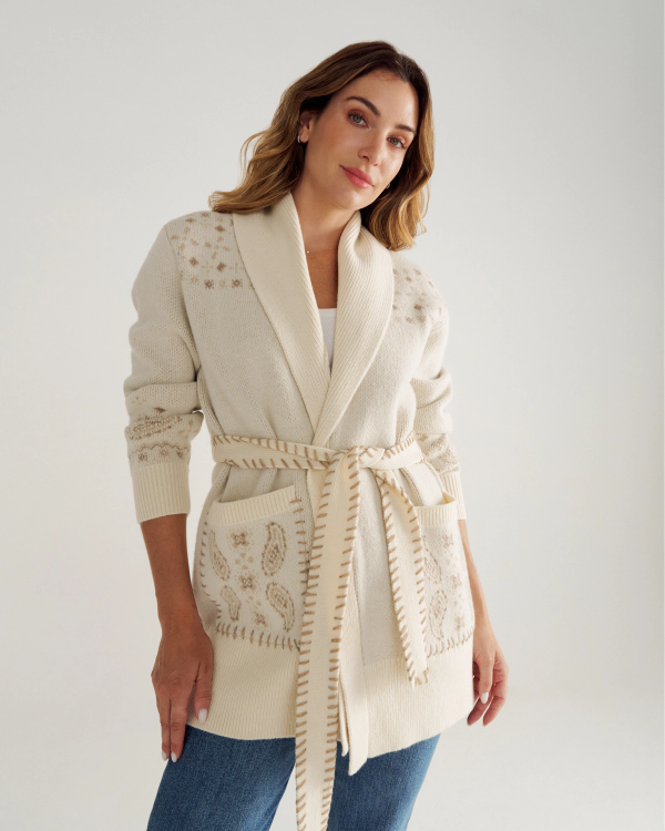 Closeup detail view of Women's Shawl Collar Wrap Sweater - Cream / Tan