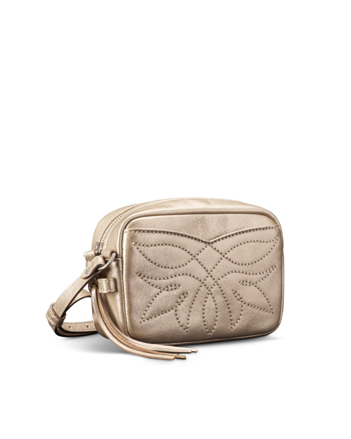 Quarterfront view of Flower Mini Crossbody - Gold on plain background