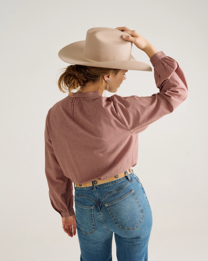 Back view of Women's Mini Seersucker Blouse - Burgundy / Pink on model