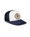 Quarterfront view of Let's Rodeo 5 Panel Low Pro Trucker - Navy / White on plain background