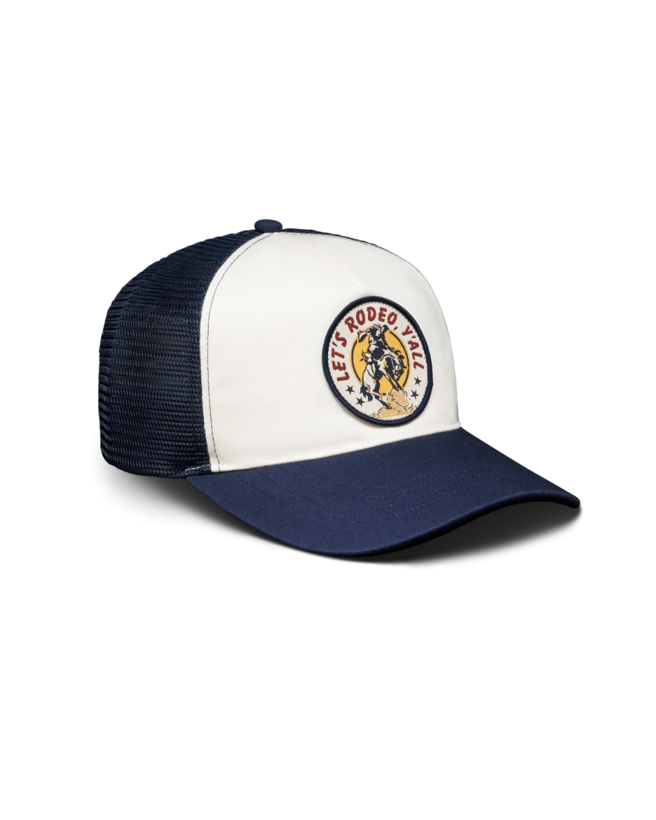 Quarterfront view of Let's Rodeo 5 Panel Low Pro Trucker - Navy / White on plain background