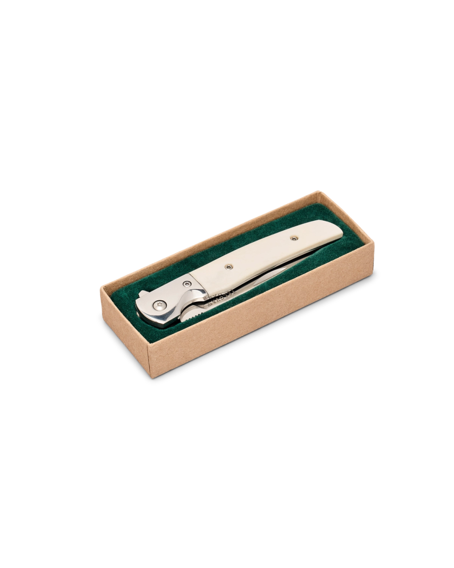 Closeup view of Bone Ranch Knife - White