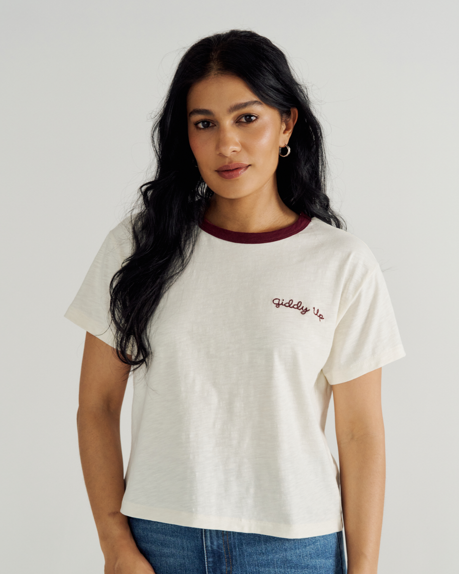 Front view of Women's Vintage Ringer Tee - Bone / Burgundy on model